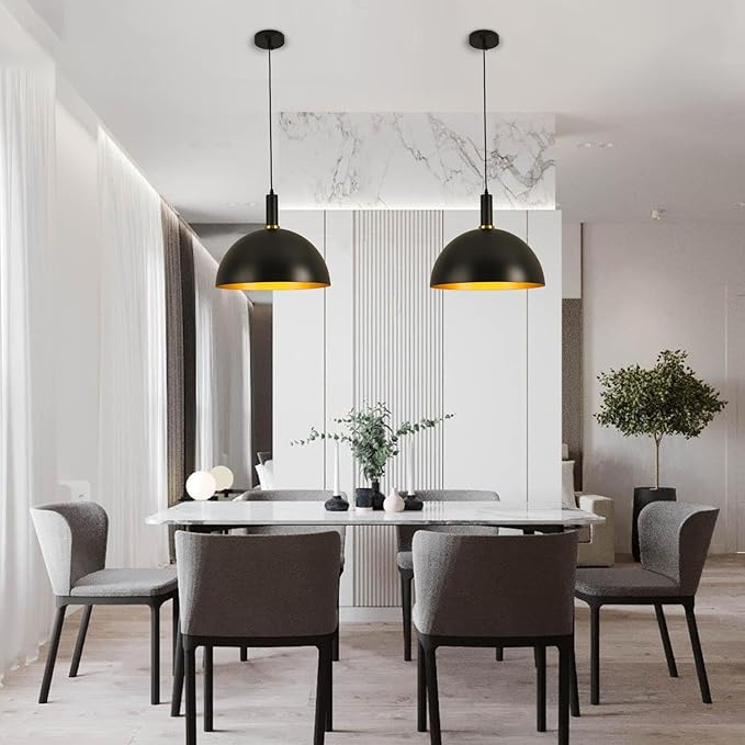16" Black Pendant Lights Kitchen Island, Black and Gold Dome Pendant Lights, Modern Farmhouse Adjustable Large Industrial Metal Hanging Pendant Lighting for Kitchen Island, Dining Room, Cafe, Bar