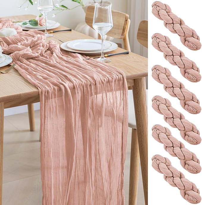 Asee'm 6pcs Cheesecloth Table Runner 120 Inches Dusty Pink Boho Gauze Cheese Cloth Runner 10FT Rustic Sheer Table Runners for Summer Wedding Baby Shower Holiday Party Decoration