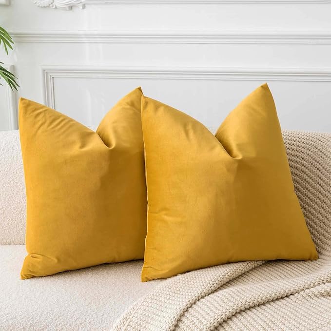 JUSPURBET Throw Pillow Covers Set of 2 Decorative Velvet Pillow Covers for Couch Sofa Bed Soft Cushion Covers Cases with Invisible Zipper for Living Room Home Decor 18x18 inch,Gold
