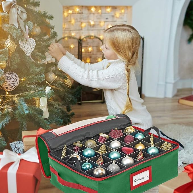 HOLDN’ STORAGE Christmas Ornament Storage Box with Dividers - Fits 48-3” Ornaments, 2 Removable Trays, Durable & Space-Saving, Clear Top Lid, Fits Underbed, Green