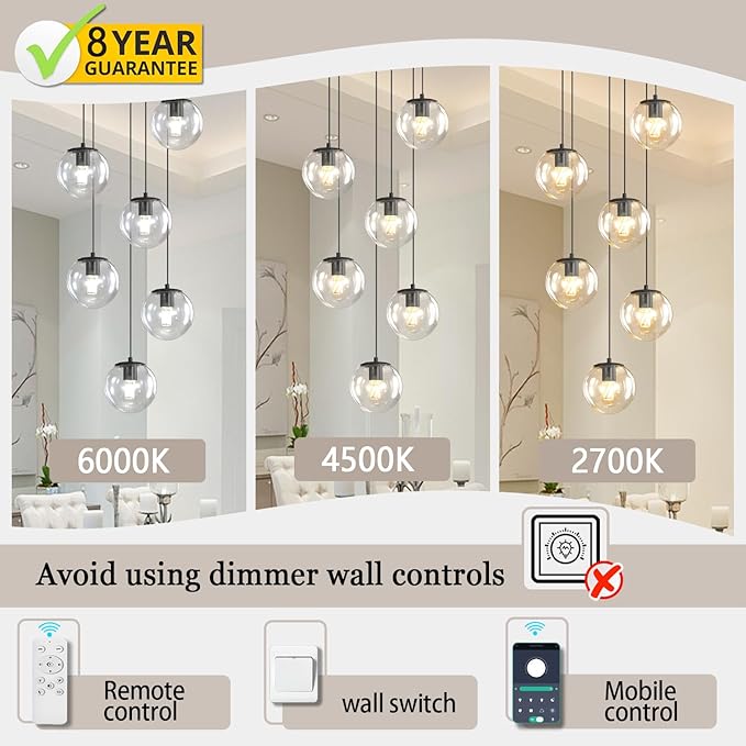 6-Light LED Staircase Modern Glass Globe Pendant Light Large Chandeliers for High Ceilings, Entryway Lighting Fixture Villas and Stairs