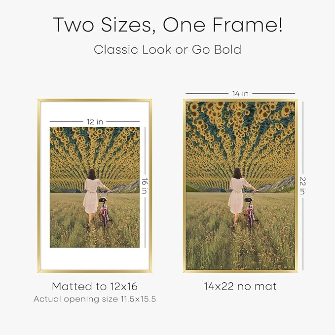 Homeforia 14x22 Picture Frame Gold, High End Metal 14x22 Poster Frames with Mat 12x16 Photo, 14 x 22 Gold Frames Matted to 12 by 16 Print, 22x14 Thin Hanging Frames, Tempered Glass, Wall Kit, Set of 2