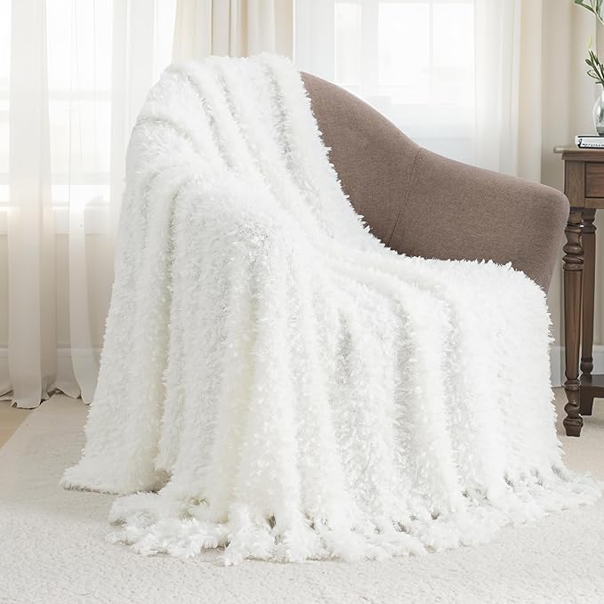 Winter Knit Throw Blanket Fluffy Fuzzy Soft Lightweight Cozy Farmhouse Tassels Chunky Knitted Throws for Couch Sofa Bed (White, 60"x80")