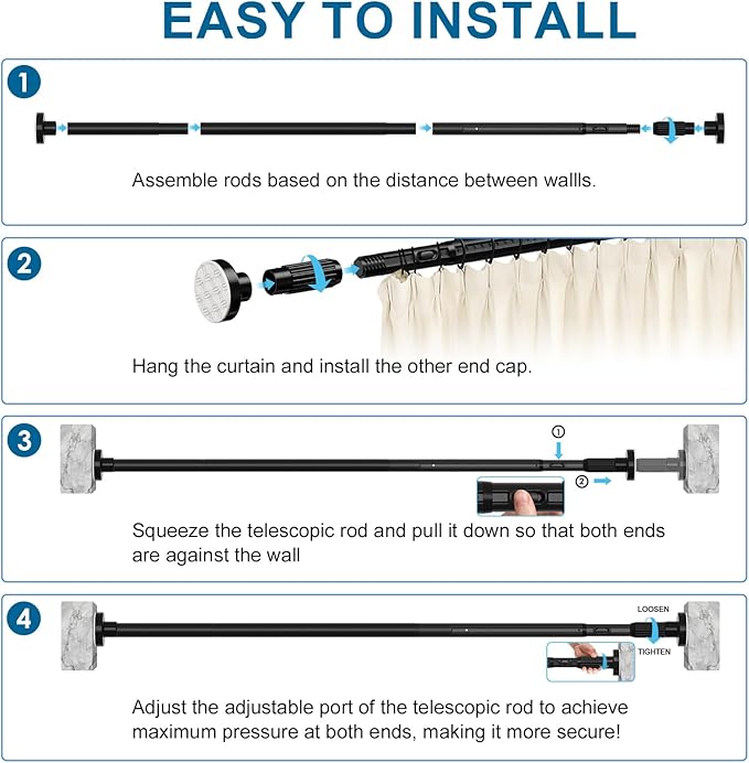 AIZESI 41-124 Inch Heavy Duty Black Tension Curtain Rod - No Drilling, Adjustable, Rust-Resistant for Outdoor, Living Room, Window, Bathroom