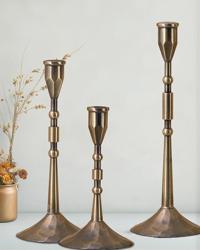Vintage Taper Candle Holders Set | Handmade 3-Piece Candlestick Decor for Table Centerpiece, Farmhouse Kitchen & Party Lighting (Bronze)