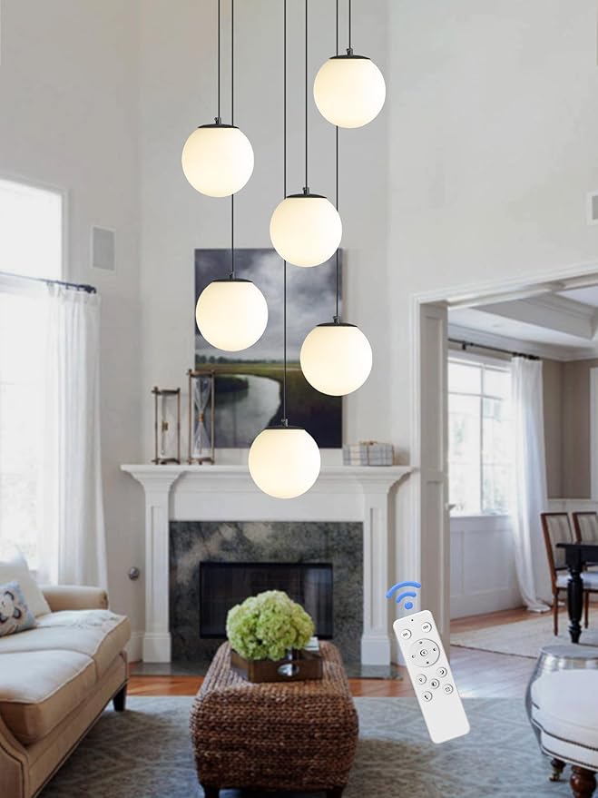 6-Light Black Chandelier with White Globe Glass Dimmable Ceiling Light Glass Pendant Light for Kitchen Island, Dining Room, Living Room, Entry Hallway, LED Bulbs Included