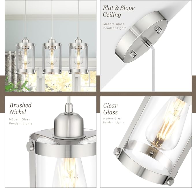 Brushed Nickel Pendant Lights Kitchen Island 3 Pack, Modern Kitchen Pendant Lighting Over Island with Clear Glass, Farmhouse Mini Hanging Light for Sink Dining Room, OS-3014-3PBNC