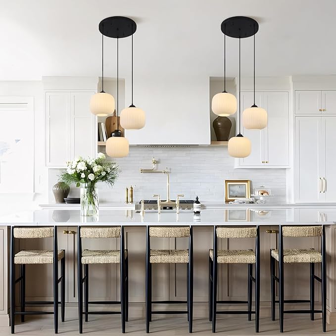 KCO Lighting 3 Light Cluster Pendant Modern Frosted Globe Chandelier Vintage Milk Glass Light Fixture Black Contemporary Cluster for Living Room Dining Room