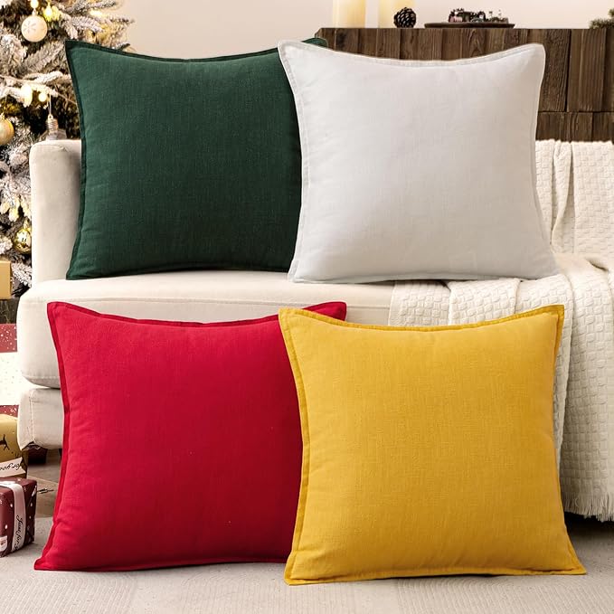 MIULEE Christmas Red/Green Linen Pillow Covers Pack of 4 Decorative Natural Solid Throw Pillow Covers Soft Accent Boho Farmhouse Couch Pillowcases Home Decors for Living Room Bed Sofa 18x18 Inch