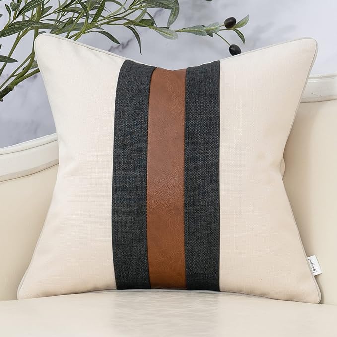 Yangest Patchwork Pillow Cover 20x20 Inch Luxury Cotton and Linen Cushion Cover Faux Leather Pillowcover for Couch Bedroom Living Room, White