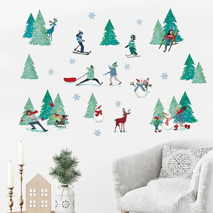 Mfault Winter Skiing Sports Wall Decals Stickers, Pine Tree Skier Snowman Reindeer Snowflake Decorations Bedroom Art, Christmas Seasonal Home Living Room Kitchen Decor