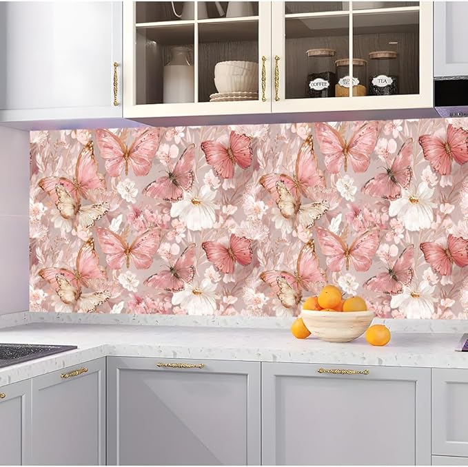 Removable Peel and Stick Wall Stickers 39.37x15.75 Inch Soft Pink Butterfly Floral Artwork Elegant Modern Botanical for Bedroom Nursery Living Room Decor
