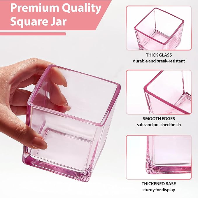 CONNOO 12 Pack 9 OZ Pink Square Candle Jars for Making Candles, Thick Glass Bulk Empty Candle Containers with Airtight Bamboo Lids for Candle Making, Sticky Warning Labels - Dishwasher Safe