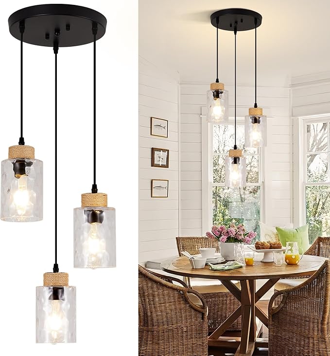 Modern Pendant Lights Kitchen Island,No Assembly Required Black Farmhouse Kitchen Island Lighting+Clear Hammered Glass Shade,Industrial Hanging Pendant Lights Fixture for Kitchen Island Dining Room