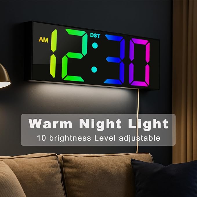 TrophyRak 12'' Large Digital Wall Clock, with Big LED Dispaly, RGB Colors, Dimmer, DST, Night Light for Classroom Livingroom Bedroom Wall Mounted, Birthday Xmas Gift for Senior, Men Womem, Black, RGB