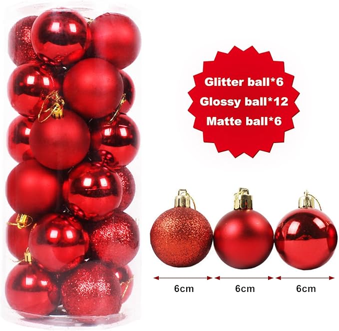 24ct 2.36 Inch Christmas Balls Ornaments for Xmas Christmas Tree - Shatterproof Christmas Tree Decor Hanging Ball for Holiday Wedding Party Decoration (Red 60mm)