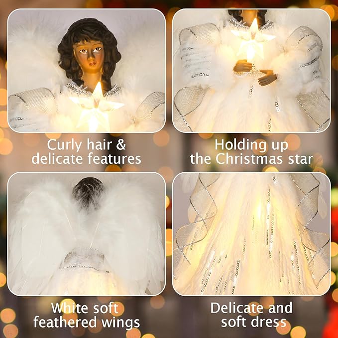 HMASYO Black Christmas Tree Topper Angel with Timer Lights, 12" African American Angel Tree Toppers with White Feather Wings, Star Light, Remote Control and USB Power Xmas Treetop Decor for Holiday
