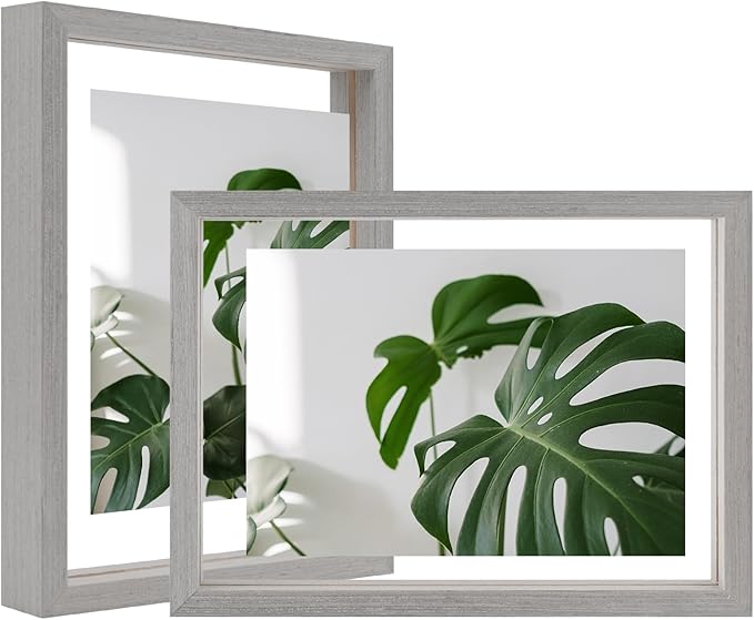 Egofine 6x8 Floating Frames Set of 2, Double Plexiglass Picture Frame, Made of Solid Wood Display Any Size Photo up to 6x8, Wall Mount or Tabletop Standing, Light Grey