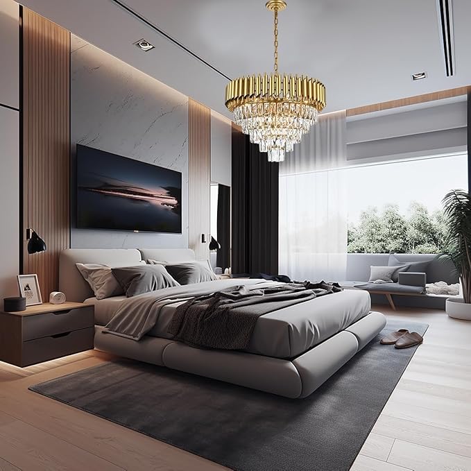 11-Light Modern Round Crystal Chandelier Lights, 5 Tiers Luxury Pendant Ceiling Light, 23.6" Crystal Chandeliers Lighting for Dining Living Room Kitchen Island Bedroom Foyer Hallway (Gold)