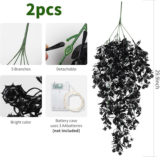 RECUTMS Black Fake Hanging Plants Realistic Artificial Hanging Plants Outdoor with LED String Lamps Hanging Leaves Vines Plastic Rose Flowers All Year Round Decor for Halloween (Black)