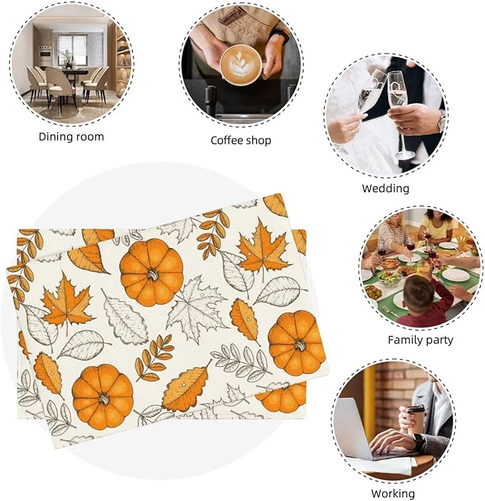 Autumn Orange Pumpkin Placemats, Rustic Farmhouse Vintage Fall Pumpkins Maple Leaves Thanksgiving Farmhouse Table Mats for Kitchen Dinning Indoor Outdoor Party Decor, 6PCS