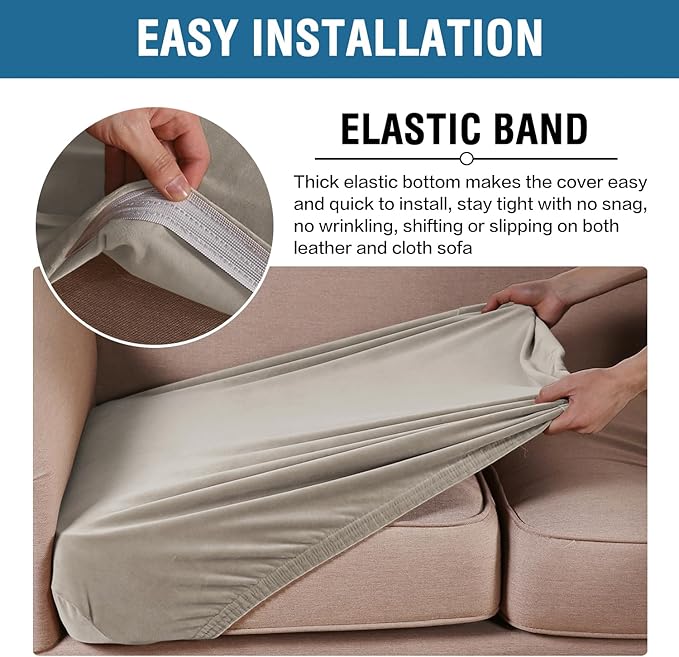 H.VERSAILTEX Velvet Stretch Couch Cushion Cover Plush Cushion Slipcover for Chair Loveseat Sofa Cushion Furniture Protector Seat Cushion Sofa Cover (3 Piece Sofa Cushion Covers, Oatmeal)