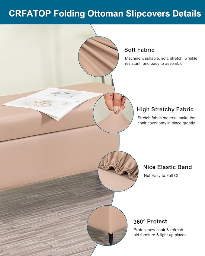 CRFATOP Waterproof PU Ottoman Stool Cover Stretch Folding Storage Footstool Bench Slipcovers Upholstered Foot Chest Chair Covers Washable Entryway Furniture Protector with Elastic Bands,M,Taupe