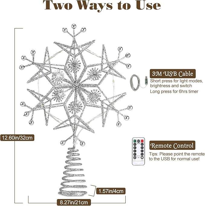 Lewondr Christmas Tree Topper, Metal Frame Snowflake Christmas Tree Topper with 15 Light Beads, USB Powered & Remote Control Tree Topper Snowflake with 6H Timer, Xmas Tree Decor for Holiday Home Decor