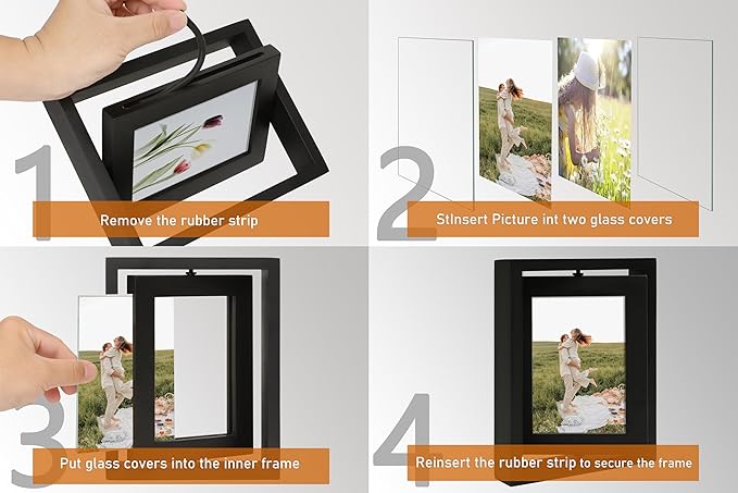 4x4 Double-Sided Rotating Floating Square Picture Frames (2 Pack, Brown), Solid Pine Wood with Real Glass for Horizontal Vertical Standing Display Desk Tabletop Photo Frames