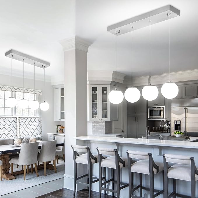 Modern Kitchen Island Lighting Linear Chandeliers for Dining Room 4-Light Glass Globe Hanging Pendant Light Rectangular Chandeliers for Living Room Hallway Bedroom