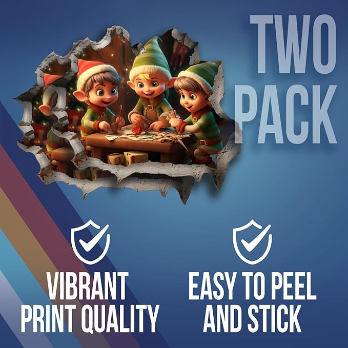 Santa's Elves Hole in Wall Christmas Art Sticker - Funny 3D Prank Peel and Stick Decal - Premium Quality Vinyl Stickers 2-Pack | 5-Inch on Widest Side | Made in USA FHJ1380