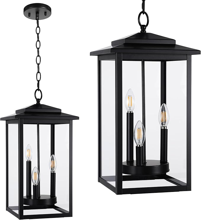 LamQee Large Outdoor Pendant Lights for Porch, 3-Lights Matte Black Outdoor Chandelier Lighting Fixture, Modern Exterior Ceiling Hanging Lantern with Glass, for Front Door Patio Gazebo Entryway Foyer