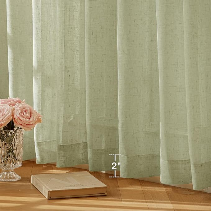 Anmao Natural Linen Curtains for Living Room 84 Inch Length 2 Panels Set, Light Filtering Semi Sheer Window Curtain Drapes for Bedroom with Curtain Rings and Clips, 52 Inch Wide Each Panel, Sage