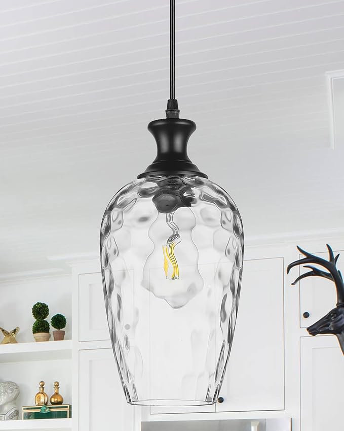 Glass Pendant Lights Kitchen Island, 1-Light Black Pendant Light Fixtures with Hand-Blown Clear Glass, Farmhouse Hanging Light for Kitchen Sink Dining Room Bedroom, E26