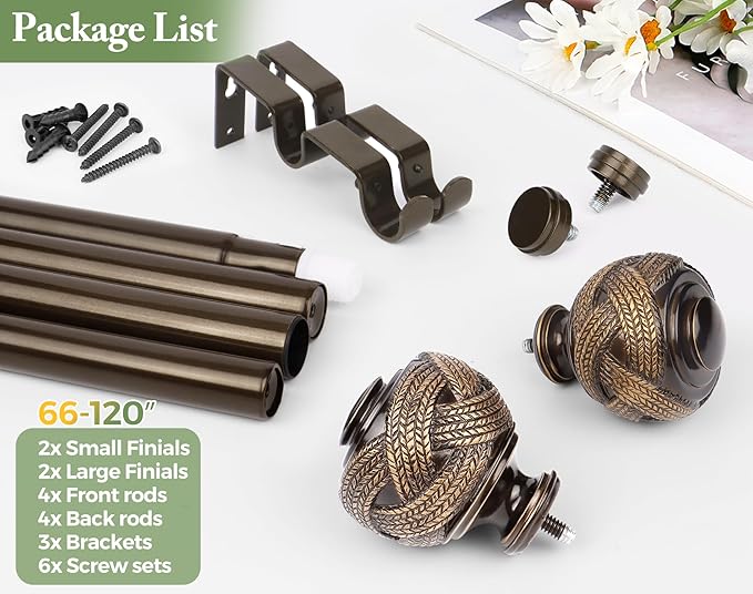 1 Inch Double Curtain Rods 66 to 120 Inches (5.5-10ft), USFOOK Bronze Heavy Duty Drapery Rods for Windows 69 to 111 Inches, Telescoping Dual Curtain Rod with Woven Leaf Finials