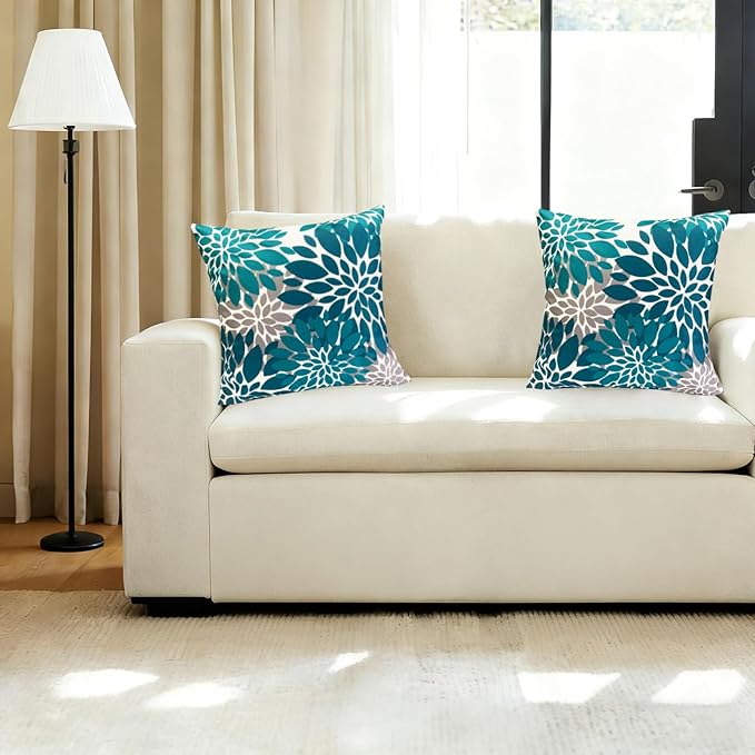 Decorative Throw Pillow Covers Set of 2 Teal Blue Pillow Covers 16x16 Inch Couch Pillow Covers for Sofa Living Room Outdoor Throw Pillow Cover Linen Square Floral Flower Farmhouse Pillowcase