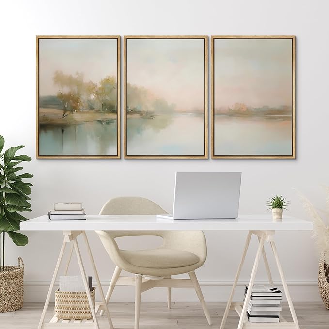 MUDECOR Framed Wall Art Print Set Soft Pastel Landscape Serene Waters and Reflections Illustrations Modern Art Boho Decorative Colorful Chic for Living Room, Bedroom, Office - 16"x24"x3 Natural