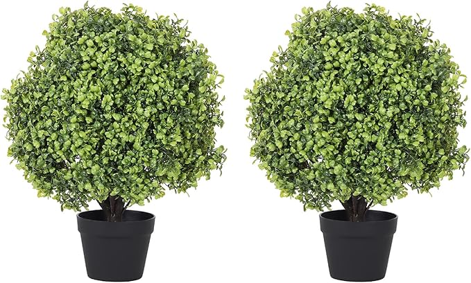24" Faux Boxwood Plants Outdoor, Artificial Topiary Ball Trees Set of 2, UV Resistant Fake Potted Evergreen Realistic Greenery Bushes Shrubs for Outside Front Porch Planter Patio Indoor Decor 2ft Tall