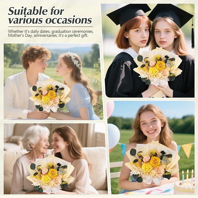 Casaido Preserved Flowers for Delivery, 6 Yellow Roses Bouquet, Birthday Gifts for Women, Christmas Rose Gifts for Mom Wife Girlfriend, Real Flowers for Valentines Day Anniversary