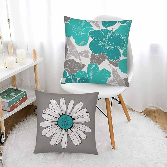 COMMINY Set of 6 Teal Grey Pillow Covers 18x18 Inch Decorative Daisy Dahlias Throw Pillow Cover Farmhouse Rustic Turquoise Pillow Case for Couch Living Room Patio