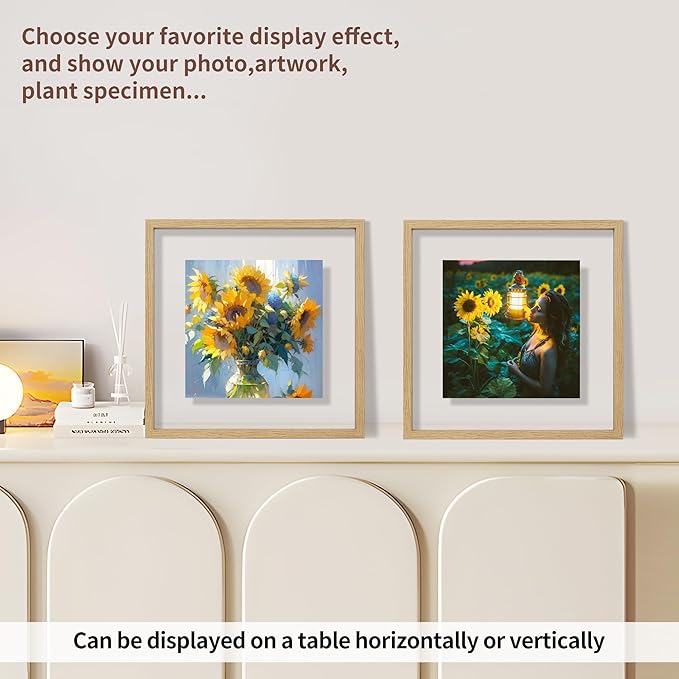 10x10 Floating Picture Frame Set of 2, Double Glass Photo Frame Wooden Frame for Wall Mount or Tabletop Displays for 5x7, 6x8, 7x9 inch Pictures, Plane Edge Frames, Natural