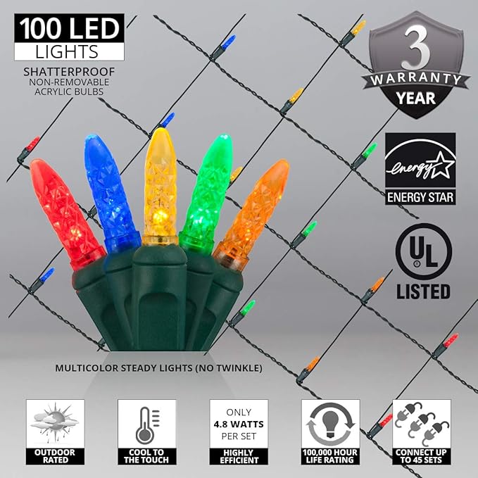 Wintergreen Lighting 100 Count M5 Multicolor LED Christmas Net Lights, 4 x 6 ft Green Wire Indoor/Outdoor Commercial Grade Outdoor Christmas Decorations for Hedges & Bushes
