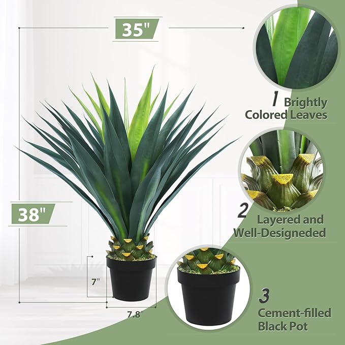 3ft Artificial Agave Plant, 38 Inch Tall Faux Agave Plants in Black Pot, Fake Floor Plant Outdoor Indoor for Front Porch Patio Home Office Door Step Hotel Desert Style Decor 2PCS