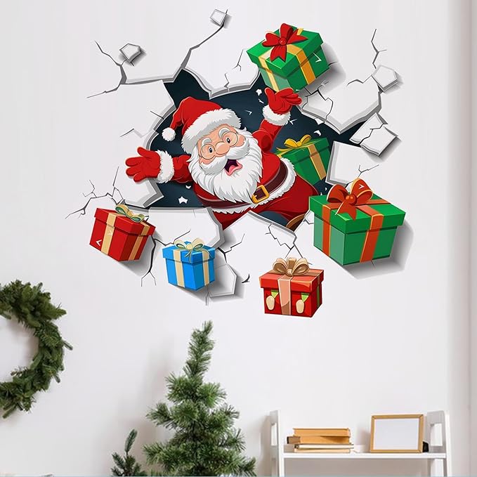 Santa Wall Decal for Christmas | Peel and Stick Holiday Decoration with Crack Effect & Gift Boxes – Removable Vinyl Sticker for Walls, Windows, Office, Party or Storefront Display