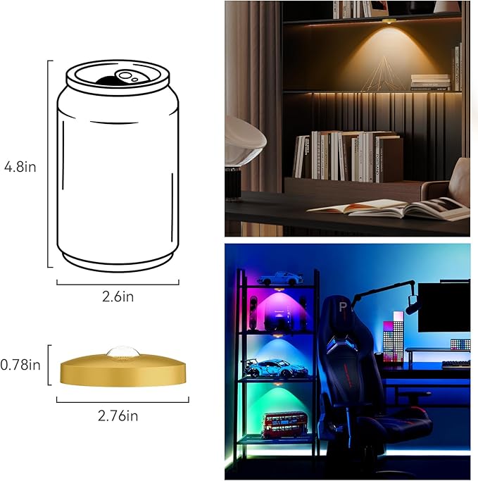 Rechargeable Puck Lights with Remote, 6 Pack Magnetic Under Cabinet Lighting, 1500mAh Battery Operated LED Tap Lights with Dimmer & Timmer for Kitchen, Closet, Shelf - 3 Color Temps & 12 RGB, Gold