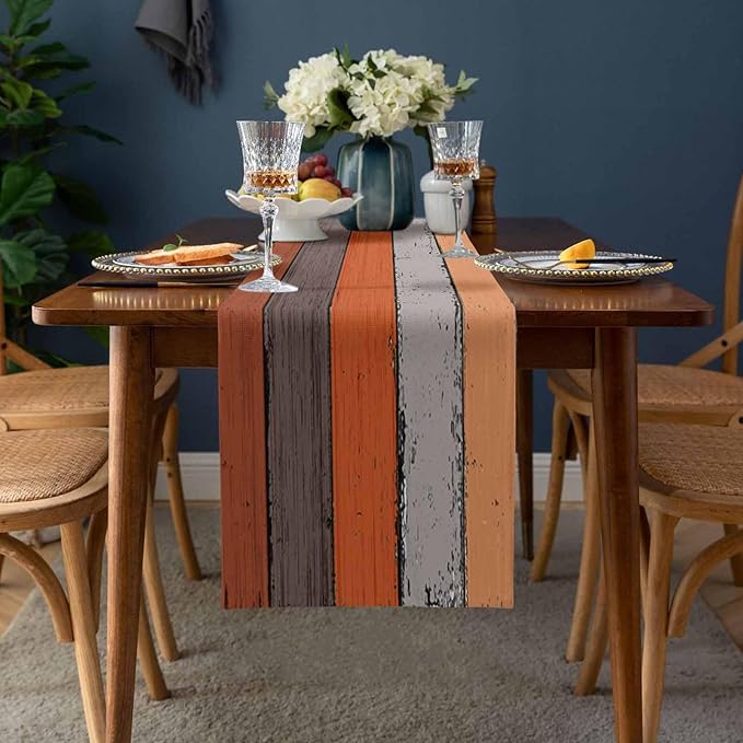 Farmhouse Cotton Linen Table Runner Dresser Scarf Retro Rustic Barn Wood Texture Ombre Burnt Orange Gray Non-Slip Rectangle Settings Decoration for Kitchen Home Dining Holiday,72 inches Long
