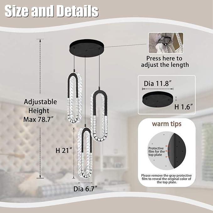 3-Light Pendant Lighting,Dining Room Chandelier Light Fixture Modern Hanging Chandeliers for Hallway Entryway Bedroom Kitchen Island (Black Crystal Chandelier)