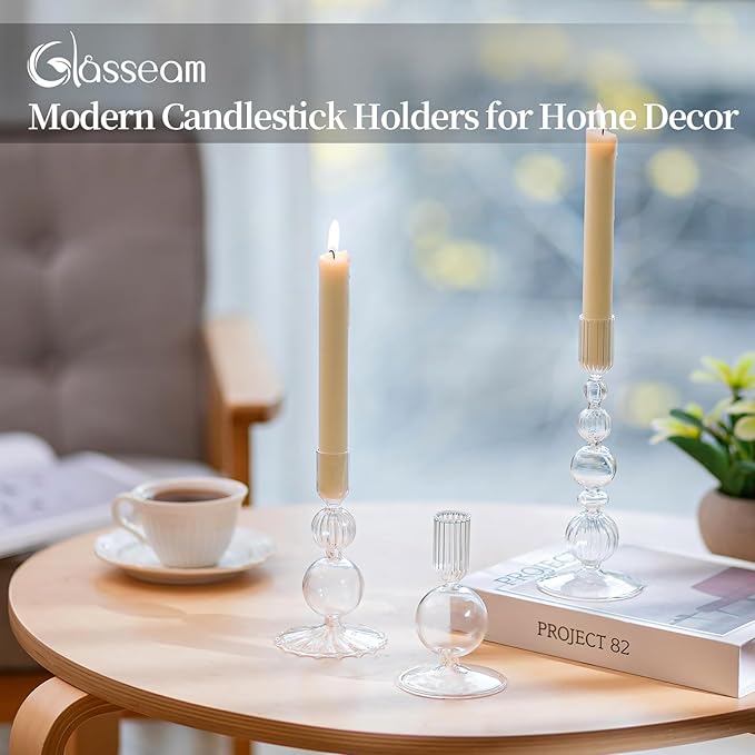 Glasseam Glass Candle Stick Holder: Clear Taper Candle Holders Set of 3 Modern Candlestick Holders for Taper Candles Decorative Candle Holders for Table Centerpiece Wedding Party Christmas Decorations