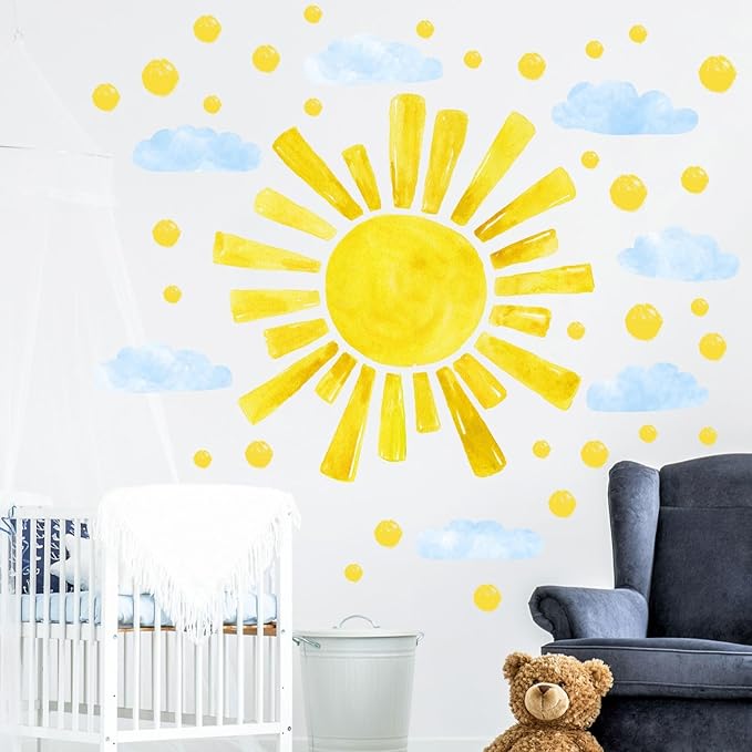 Large Sun Wall Decals Cloud Polka Dots Wall Stickers for Girls Room, 12 Sheets Watercolor Sun Wall Decor Stickers Cute Cloud Wallpaper Delicate Decorations for Kids Room Bedroom