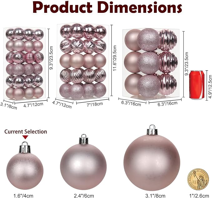 1.57" Pink Christmas Ornaments for Christmas Tree 36 Pcs Mini Shatterproof Balls Christmas Tree Decorations Small Xmas Ornaments Balls with Hanging Loop for Wedding Holiday Party Wreath Home Decor